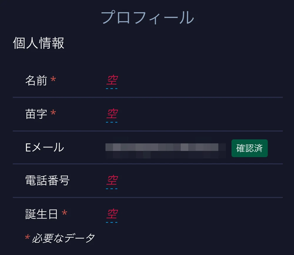 ポケットオプション　プロフィール登録画面