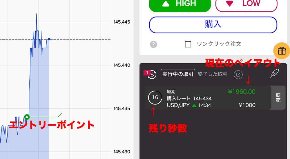 ザオプション取引中画面